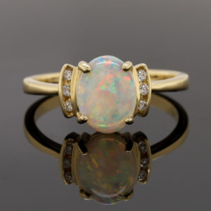 Blue, Pink and Green Yellow Gold Solid Australian Crystal Opal Ring Engagement with Diamond Accents