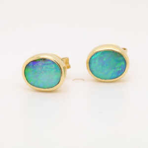 Blue Green Yellow Yellow Gold Solid Australian Boulder Opal Stud Earrings