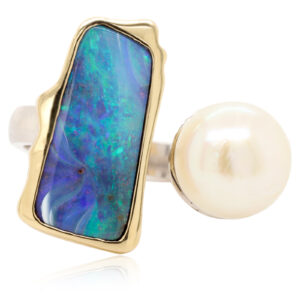 Blue Green Yellow Gold Solid Australian Boulder Opal and Fresh Water Pearl Ring