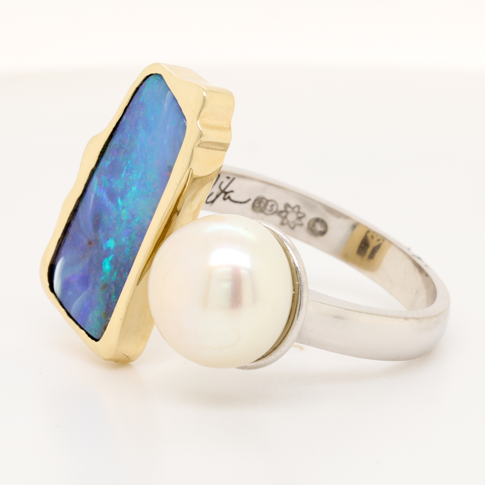 Blue Green Yellow Gold Solid Australian Boulder Opal and Fresh Water Pearl Ring