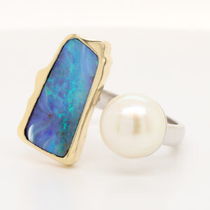 Blue Green Yellow Gold Solid Australian Boulder Opal and Fresh Water Pearl Ring