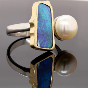 Blue Green Yellow Gold Solid Australian Boulder Opal and Fresh Water Pearl Ring