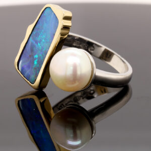 Blue Green Yellow Gold Solid Australian Boulder Opal and Fresh Water Pearl Ring