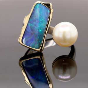 Blue Green Yellow Gold Solid Australian Boulder Opal and Fresh Water Pearl Ring