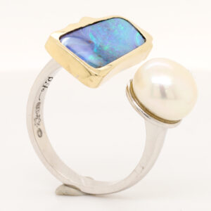 Blue Green Yellow Gold Solid Australian Boulder Opal and Fresh Water Pearl Ring