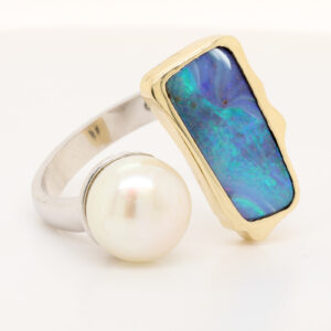 Blue Green Yellow Gold Solid Australian Boulder Opal and Fresh Water Pearl Ring