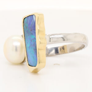 Blue Green Yellow Gold Solid Australian Boulder Opal and Fresh Water Pearl Ring