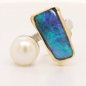Blue Green Yellow Gold Solid Australian Boulder Opal and Fresh Water Pearl Ring