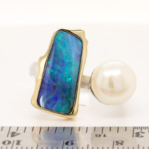 Blue Green Yellow Gold Solid Australian Boulder Opal and Fresh Water Pearl Ring