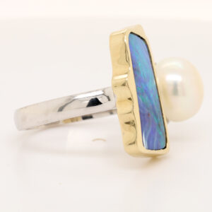Blue Green Yellow Gold Solid Australian Boulder Opal and Fresh Water Pearl Ring