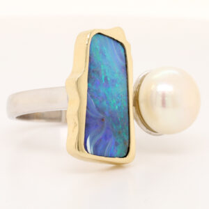 Blue Green Yellow Gold Solid Australian Boulder Opal and Fresh Water Pearl Ring