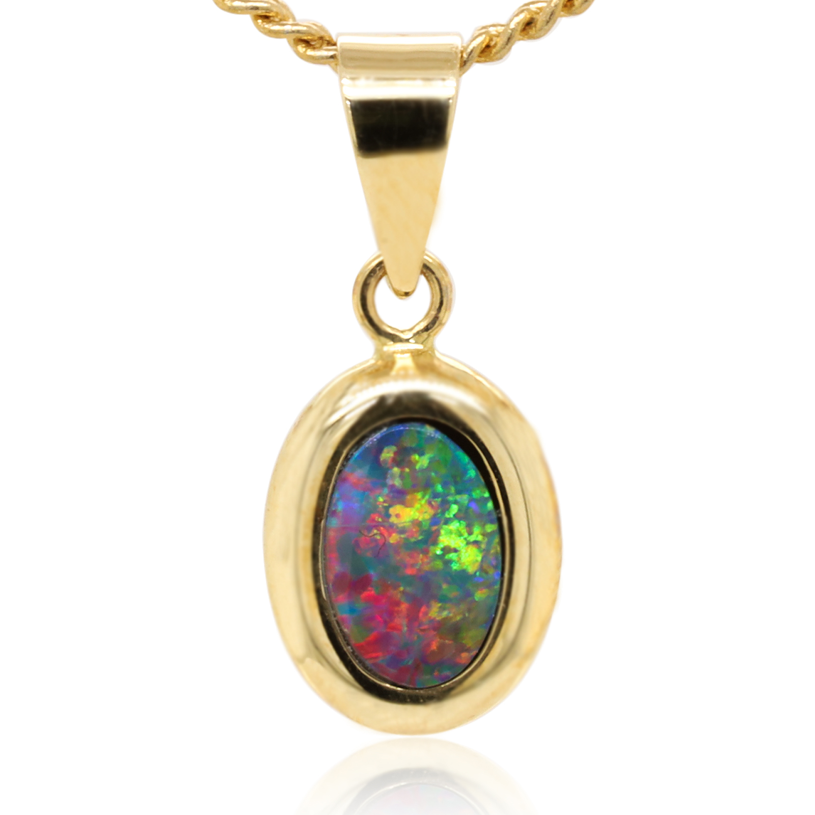 Blue Green and Red Yellow Gold Australian Doublet Opal Necklace Pendant