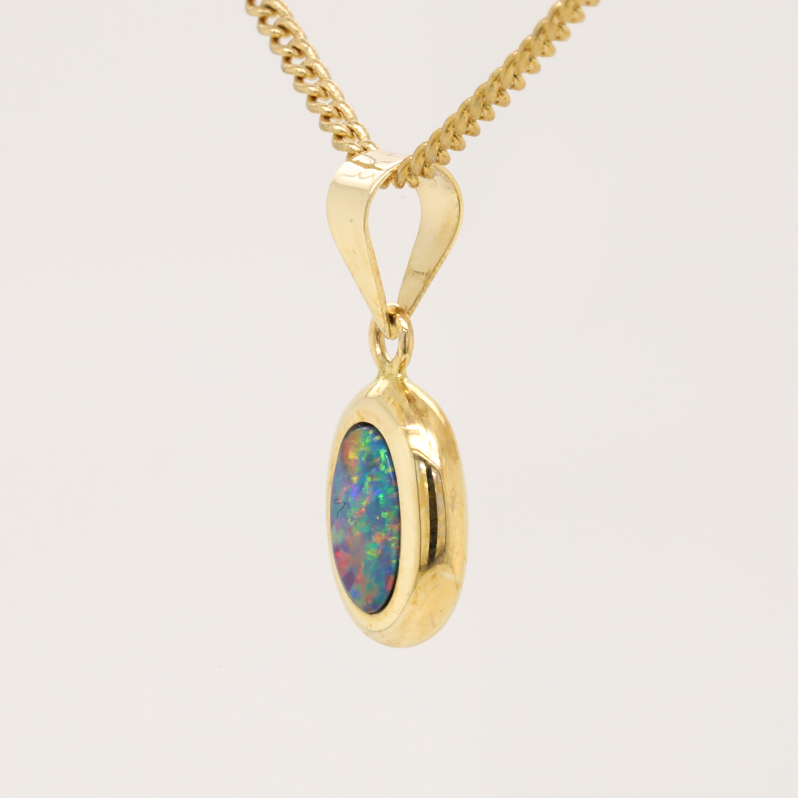 Blue Green and Red Yellow Gold Australian Doublet Opal Necklace Pendant