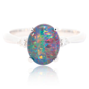 Blue Green and Red White Gold Triplet Opal Ring with Diamonds