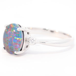 Blue Green and Red White Gold Triplet Opal Ring with Diamonds