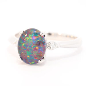 Blue Green and Red White Gold Triplet Opal Ring with Diamonds