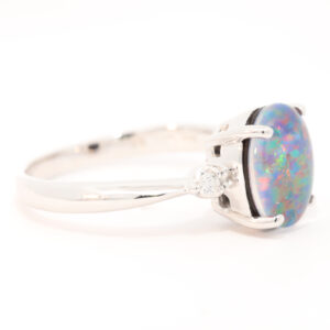 Blue Green and Red White Gold Triplet Opal Ring with Diamonds