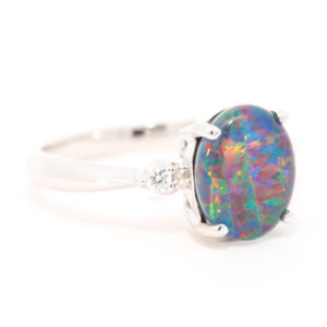 Blue Green and Red White Gold Triplet Opal Ring with Diamonds