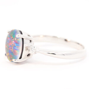 Blue Green and Red White Gold Triplet Opal Ring with Diamonds