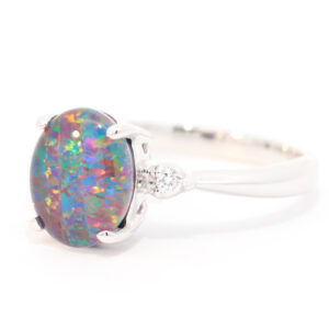 Blue Green and Red White Gold Triplet Opal Ring with Diamonds