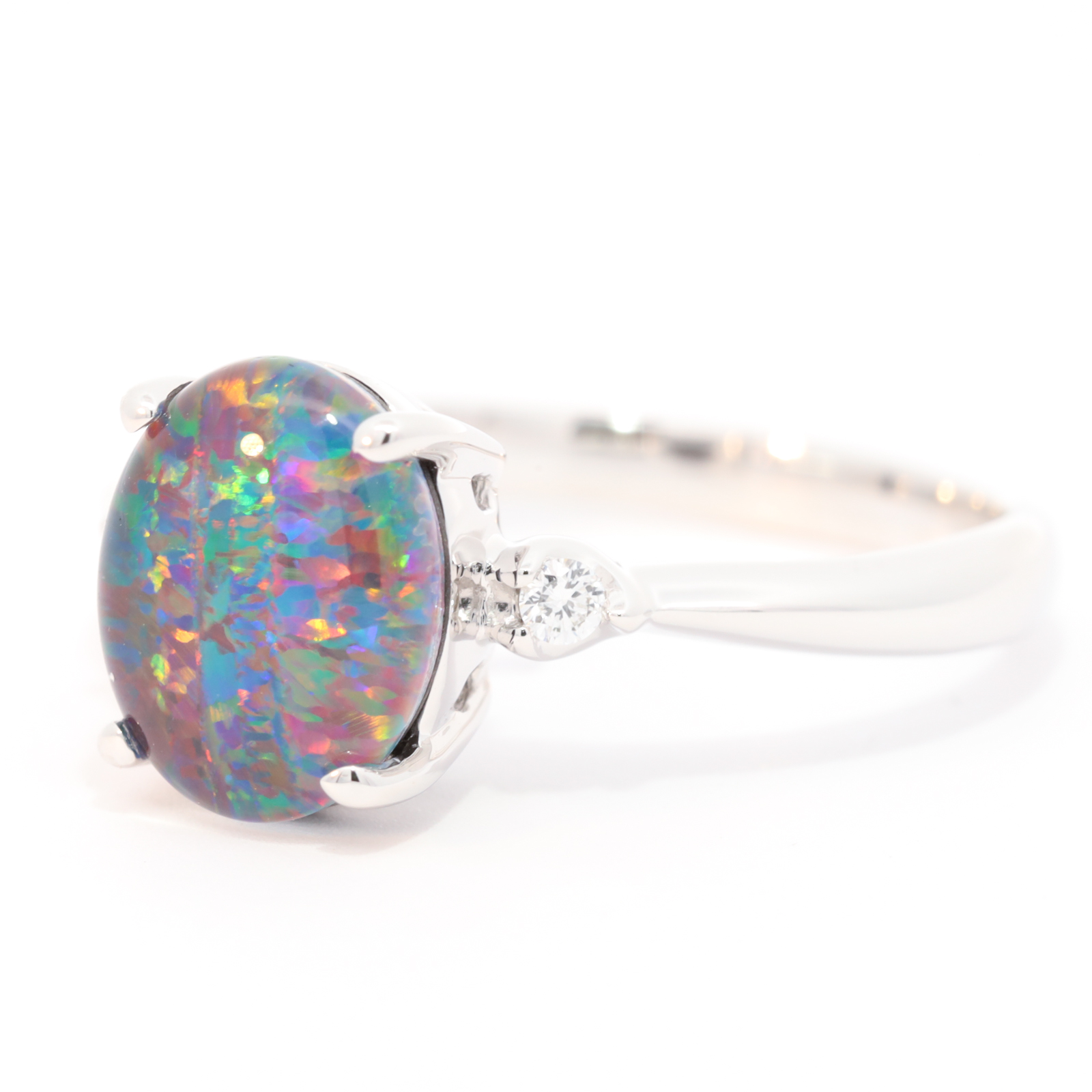 Blue Green and Red White Gold Triplet Opal Ring with Diamonds