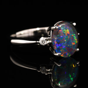 Blue Green and Red White Gold Triplet Opal Ring with Diamonds