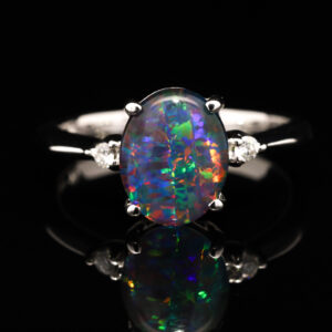 Blue Green and Red White Gold Triplet Opal Ring with Diamonds