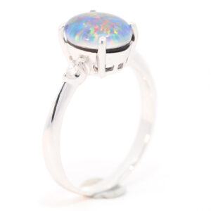 Blue Green and Red White Gold Triplet Opal Ring with Diamonds