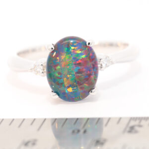 Blue Green and Red White Gold Triplet Opal Ring with Diamonds
