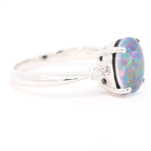 Blue Green and Red White Gold Triplet Opal Ring with Diamonds