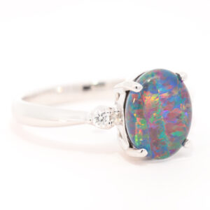 Blue Green and Red White Gold Triplet Opal Ring with Diamonds