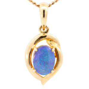 Blue and Green Yellow Gold Solid Australian Black Opal Necklace Pendant