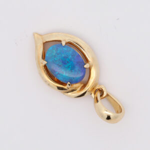 Blue and Green Yellow Gold Solid Australian Black Opal Necklace Pendant