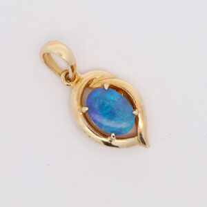 Blue and Green Yellow Gold Solid Australian Black Opal Necklace Pendant