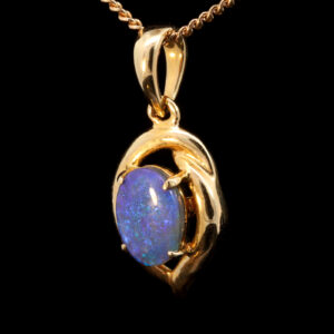 Blue and Green Yellow Gold Solid Australian Black Opal Necklace Pendant