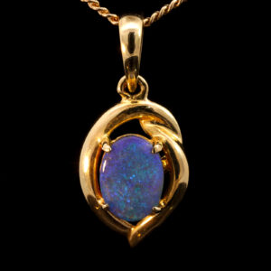 Blue and Green Yellow Gold Solid Australian Black Opal Necklace Pendant