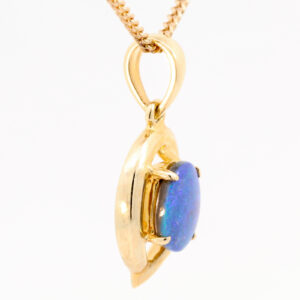 Blue and Green Yellow Gold Solid Australian Black Opal Necklace Pendant