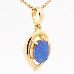 Blue and Green Yellow Gold Solid Australian Black Opal Necklace Pendant