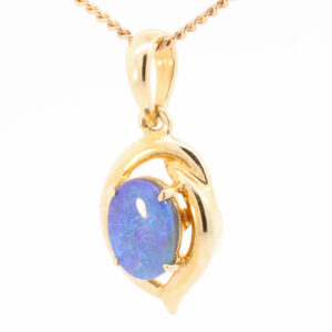 Blue and Green Yellow Gold Solid Australian Black Opal Necklace Pendant