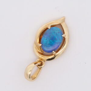 Blue and Green Yellow Gold Solid Australian Black Opal Necklace Pendant