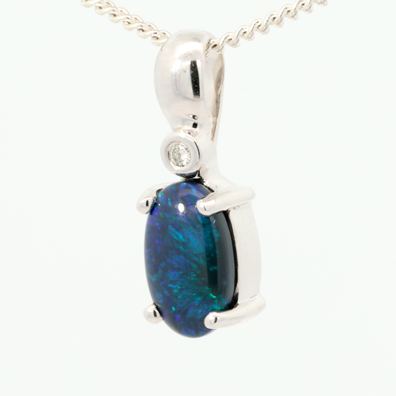 White Gold Blue Green Solid Australian Black Opal Diamond Necklace Pendant