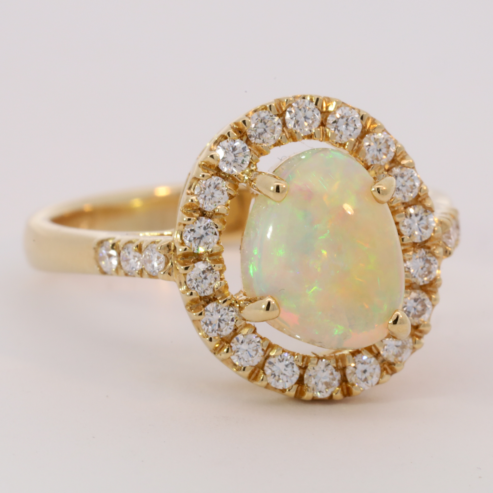 Blue, Orange and Green Yellow Gold Solid Australian Crystal Opal Ring Engagement with Diamond Accents