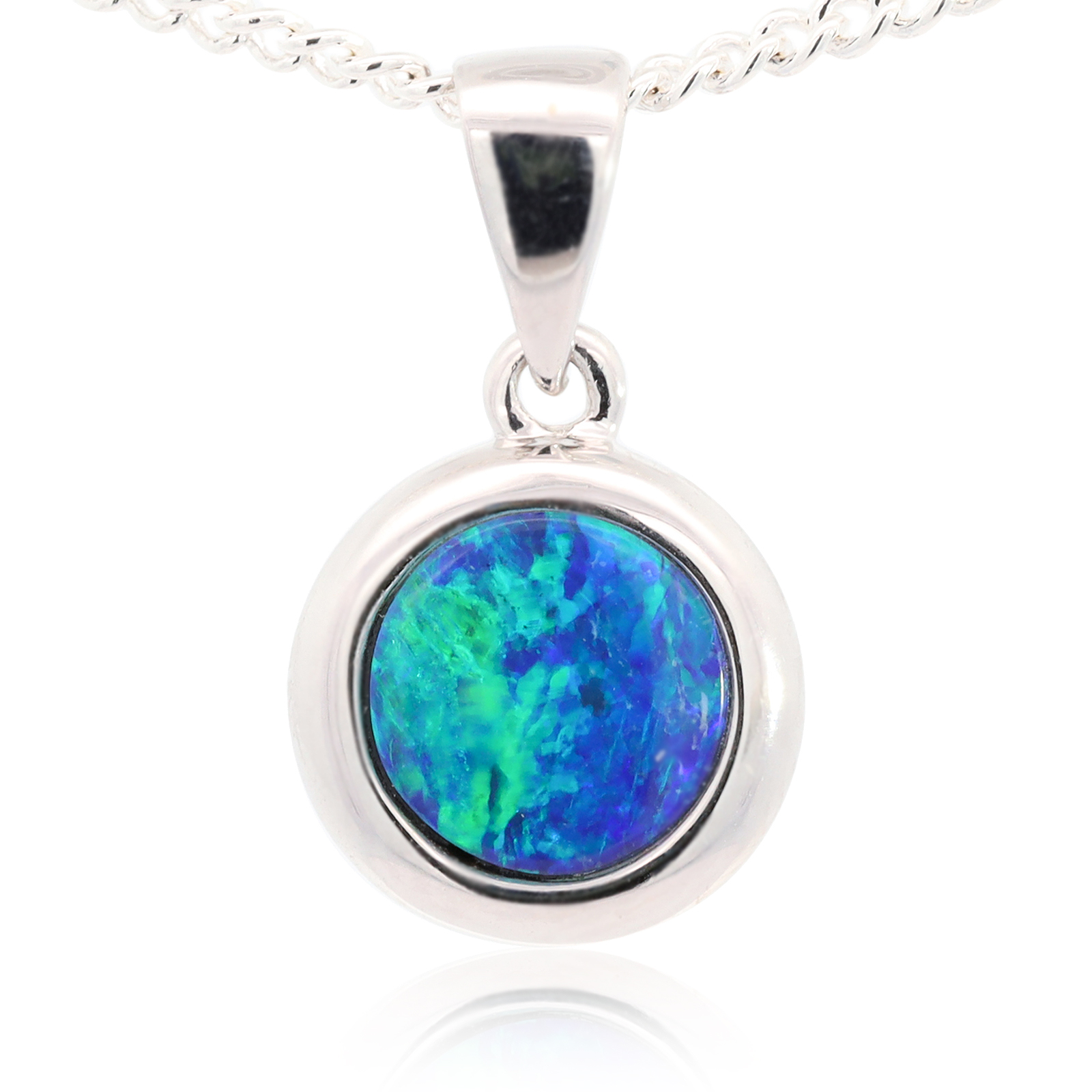 White Gold Blue Green Australian Doublet Opal and Diamond Necklace Pendant
