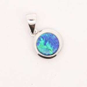 White Gold Blue Green Australian Doublet Opal and Diamond Necklace Pendant