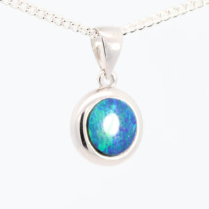 White Gold Blue Green Australian Doublet Opal and Diamond Necklace Pendant