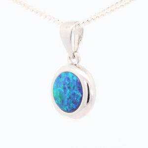 White Gold Blue Green Australian Doublet Opal and Diamond Necklace Pendant