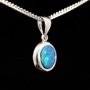 White Gold Blue Green Australian Doublet Opal and Diamond Necklace Pendant