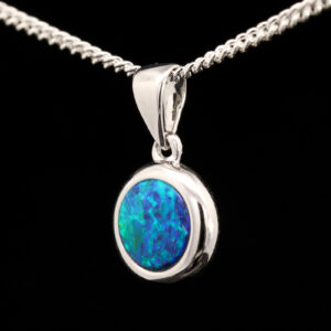 White Gold Blue Green Australian Doublet Opal and Diamond Necklace Pendant