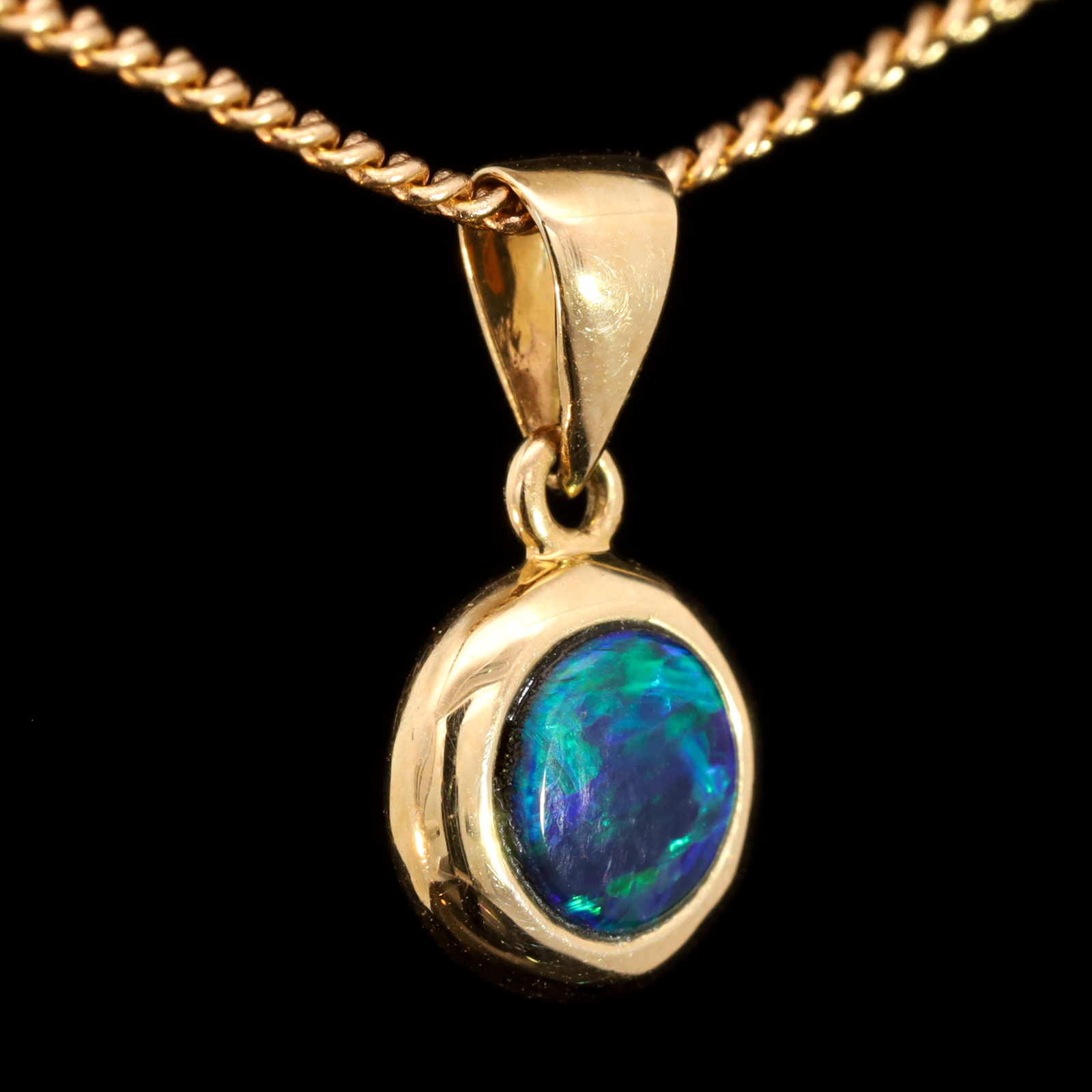 Blue and Green Yellow Gold Australian Doublet Opal Pendant