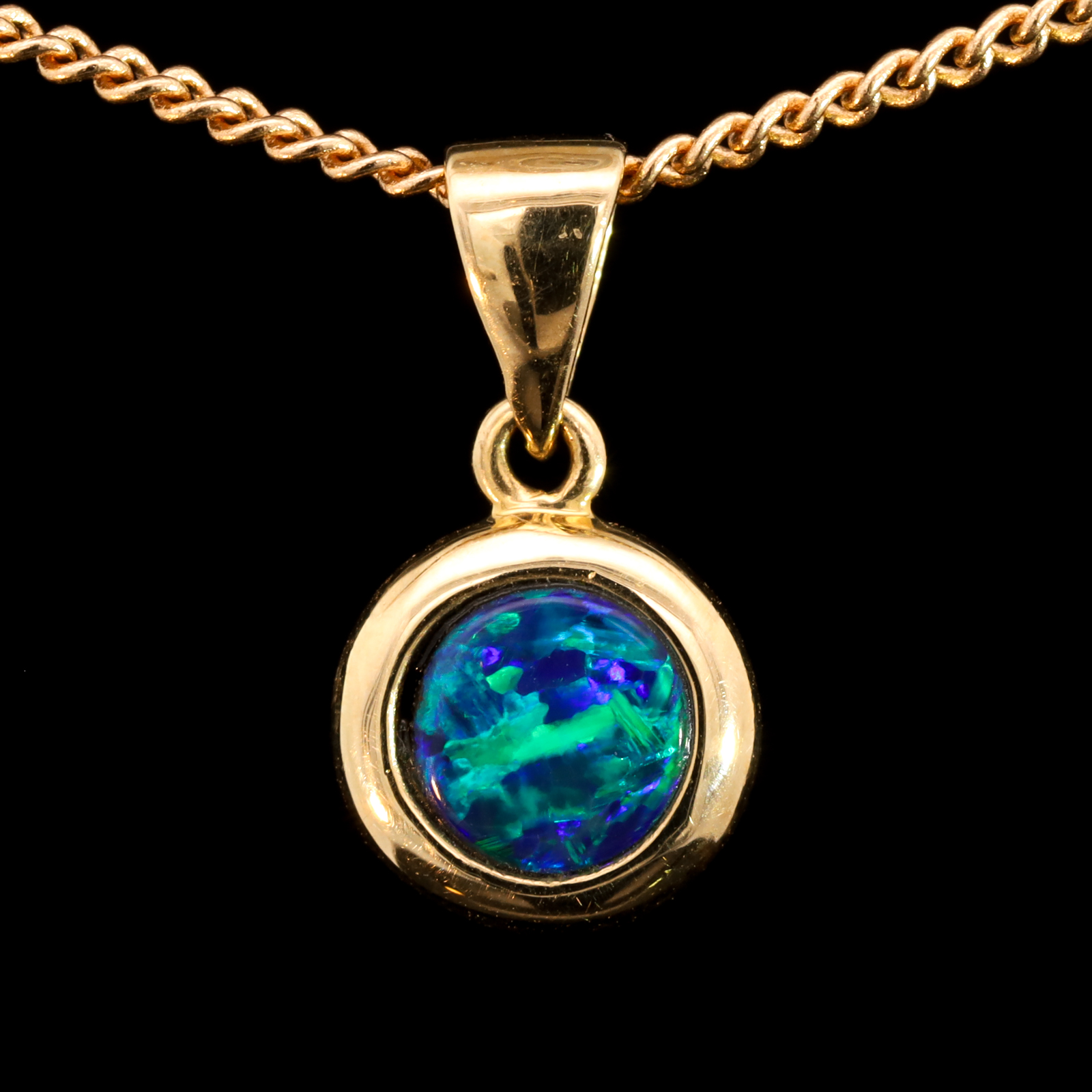 Blue and Green Yellow Gold Australian Doublet Opal Pendant